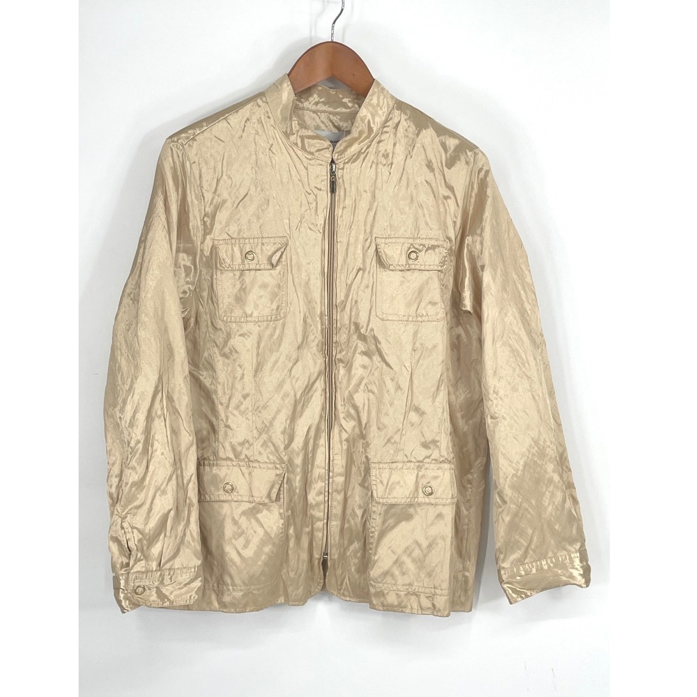 Alfred Dunner Womens Jacket 14 Utility Gold Metallic Crinkle Zip Front Pockets